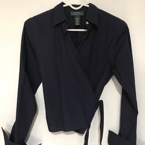 Navy blue French cuff wrap tie Lauren blouse.